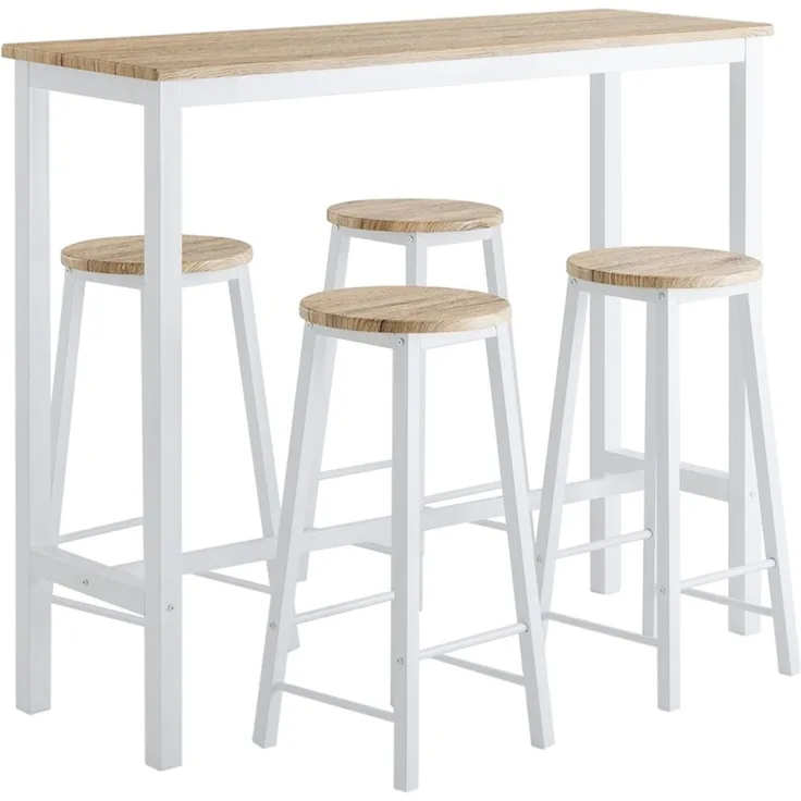 SoBuy OGT22-WN Bartisch-Set mit 4 Hockern, MDF, PVC-Furnier, Weiß, 120 x 100 x 40 cm