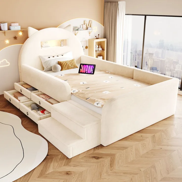 LVHOM Kinderbett 90x200cm mit Rausfallschutz, Polsterbett mit Nachtlicht, USB, Schubladen und Stufenbank, Samt, Beige
