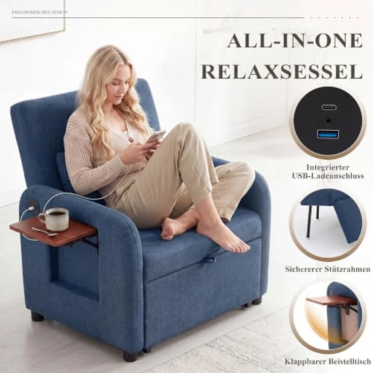 COLAMY Verwandelbarer Schlafsessel Stoff Futon Sofa Bett, Einzel Schlafsofa mit USB-Anschluss, klappbarem Tisch, Kissen und Verstellbarer Rückenlehne für Wohnheim, Schlafzimmer, Blau – Bild 4