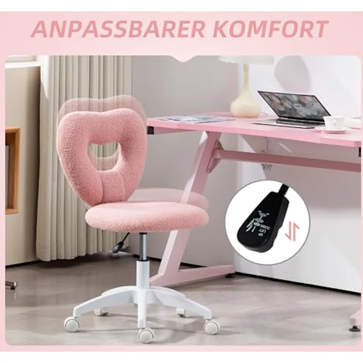 HOMCOM Schreibtischstuhl, Rosa, Drehstuhl mit herzförmiger Rückenlehne und Teddy-Fleece, höhenverstellbar, 45x88x56 cm – Bild 7