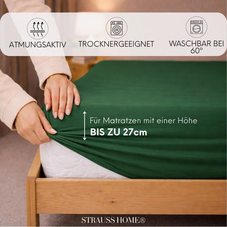 Strauss Home Spannbettlaken Premium 160 g/m² Gekämmte Baumwolle Jersey in Hotelqualität, Gummizug: Rundumgummi, OEKO-TEX®-zertifiziert - Hotelqualität – Formstabil & Langlebig – Bild 3