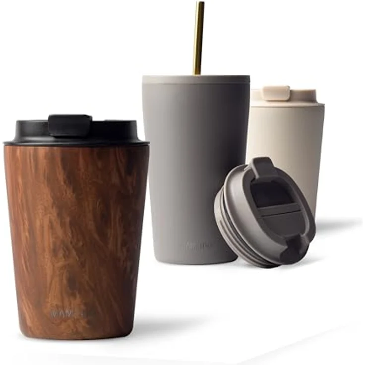 MAMEIDO Thermobecher Oak Wood 350ml - doppelwandig isoliert, auslaufsicher - warmhaltender Coffee to go Becher – Bild 1
