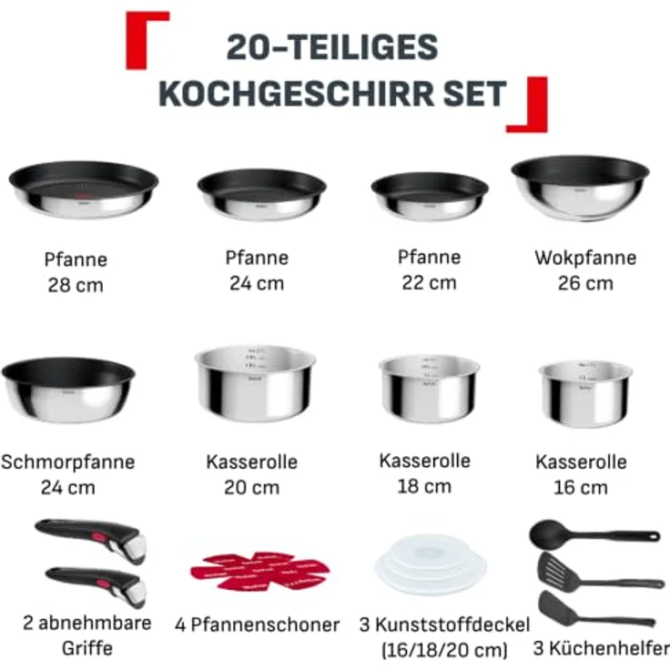 Tefal Ingenio Comfort Max 20-tlg. Kochgeschirr-Set, Titanium Antihaftversiegelung, stapelbar, platzsparend, Thermo-Signal, für alle Herdarten, sicherer Griff, mühelose Reinigung, Edelstahl, L966SK44 – Bild 7