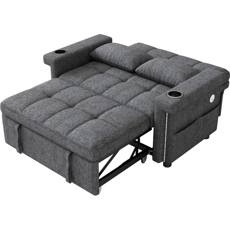 Merax 2-Sitzer Sofa, Schlafsofa mit Schlaffunktion, LED-Beleuchtung, USB/Type-C-Ladeanschluss, verstellbare Rückenlehne, Kissen, Getränkehalter, Seitentasche, Chenille Stoff, Grau – Bild 9