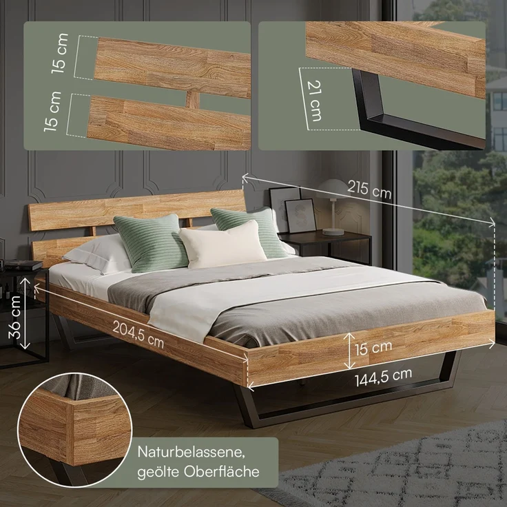 skølm 'Alver' Bett 140x200 cm, Bettgestell, natur geölt, Massivholzbett aus Eiche mit Metallkufen, Doppelbett mit Streben Bettkopf – Bild 6