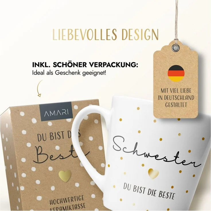 Amari Tasse Schwesterherz Spruch Gold, Geschenk Schwester Lieblingsschwester, 1-tlg, Keramik, Kaffeetasse Teetasse 330 ml Geschenkbox Geburtstag Weihnachten – Bild 4