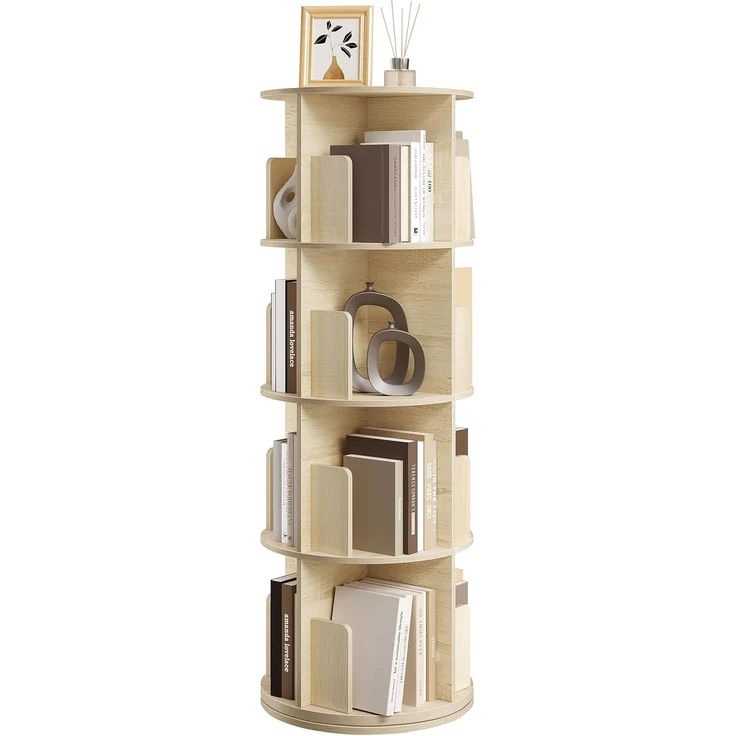EUGAD drehbares Bücherregal 360 Grad, 4 Ebenen 16 Fächer, Standregal, Drehregal, Büroregal, Dekoregal, Lagerregal, für Wohnzimmer Schlafzimmer Büro Kinderzimmer, helle Eiche, φ44xH127,4 cm 0045SHG