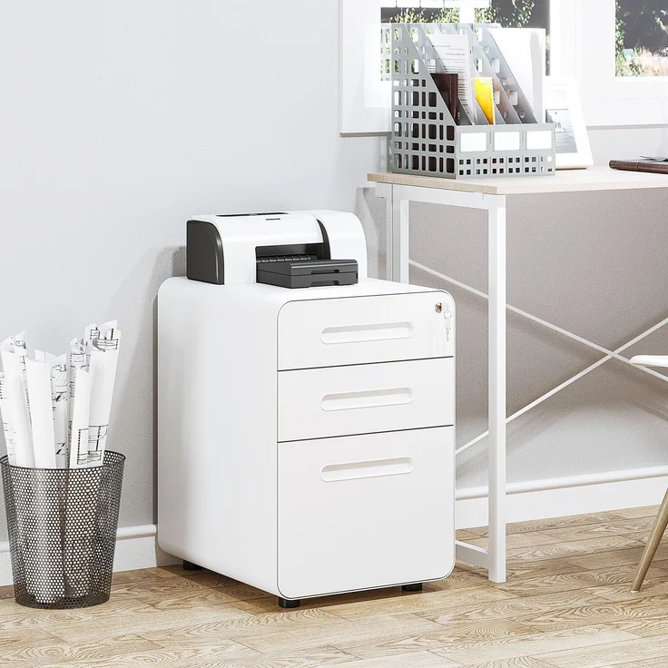 Rollcontainer mit 3 Schubladen mobiler Aktenschrank mit Rollen abschließbar Büroschrank mit Hängeregistratur Stiftfach, Bürocontainer Schreibtisch Unterschrank für Büro 39x48x59cm Weiß--Weiß--59x48x39cm--YOUDENOVA – Bild 2