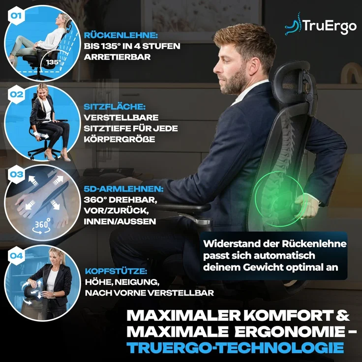 VALKENSTOL M4 Bürostuhl Ergonomisch Testsieger mit 5D Armlehnen und Kopfstütze für maximale Bewegungsfreiheit, Bequeme und Rückenfreundliche Bürostühle, Schreibtischstuhl, Home Office Chair – Bild 2