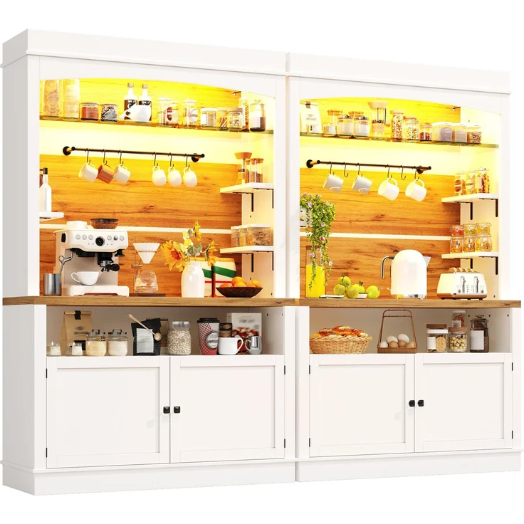 Set mit 2 Hochschränken mit LED-Beleuchtung, 184cm hoher Buffetschrank mit Glasregal & Hakenleiste, Weiß, belastbar bis 60kg--Weiß--107x34x184cm--YOUDENOVA – Bild 8