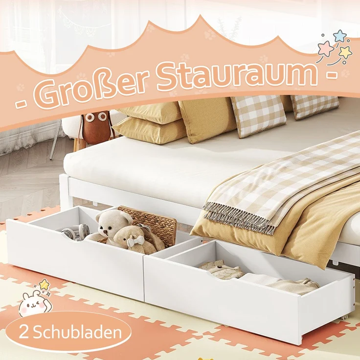 Merax Etagenbett Kinderbett 90x200cm mit umwandelbarem Unterbett 90x200/180x200cm, Weiß – Bild 6