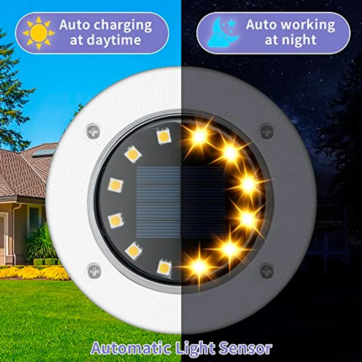 GIGALUMI Solar Bodenleuchten 12 LEDs 8 Stück Solarleuchten Warmweiß Gartenleuchten Edelstahl Wasserdicht für außen, Garten, Terrasse, Rasen, Hof, Gehweg – Bild 4