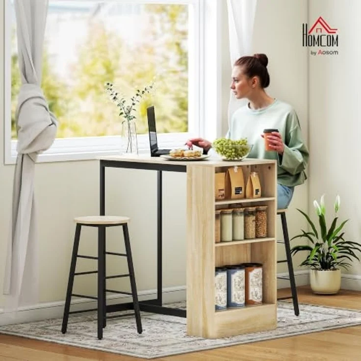 HOMCOM Bargruppe Küchentresen mit 2 Barstühlen, Fußstütze und verstellbaren Ablagen, (Bartisch mit Barhocker Set, 3-tlg, Bartisch-Set), im Modern-Stil, platzsparend, für Esszimmer, Küche, Stahl, Eiche – Bild 2