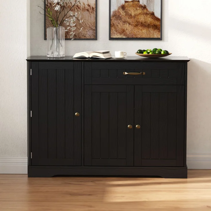 Modernes, elegantes Sideboard mit 3 Türen und einer Schublade, Buffetschrank für Esszimmer, Wohnzimmer und Diele (Schwarz) – Bild 1