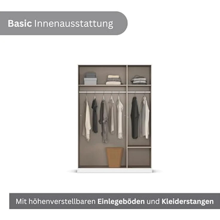 Rauch Möbel Lagoa, Kleiderschrank, Garderobe für Schlafzimmer, Kinderzimmer, Jugendzimmer 3-türig, 2 Schubladen, mit Zubehör Basic, Farbe Weiß/Grau metallic, Schwarz, Breite 136 cm – Bild 7