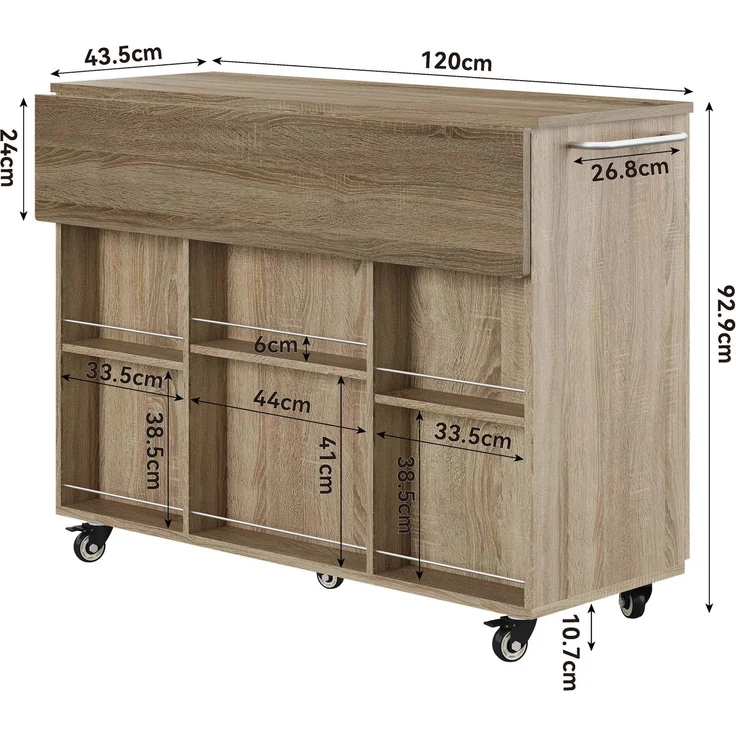 ZUBALIYA Küchenwagen 120 cm Arbeitsplatte – klappbare Arbeitsplatte, Schublade und 2 Schränke, 5 Rollen, 2 mit Bremse, Gewürzregal und Handtuchhalter, MDF, Sonoma-Eiche-Optik – Bild 10