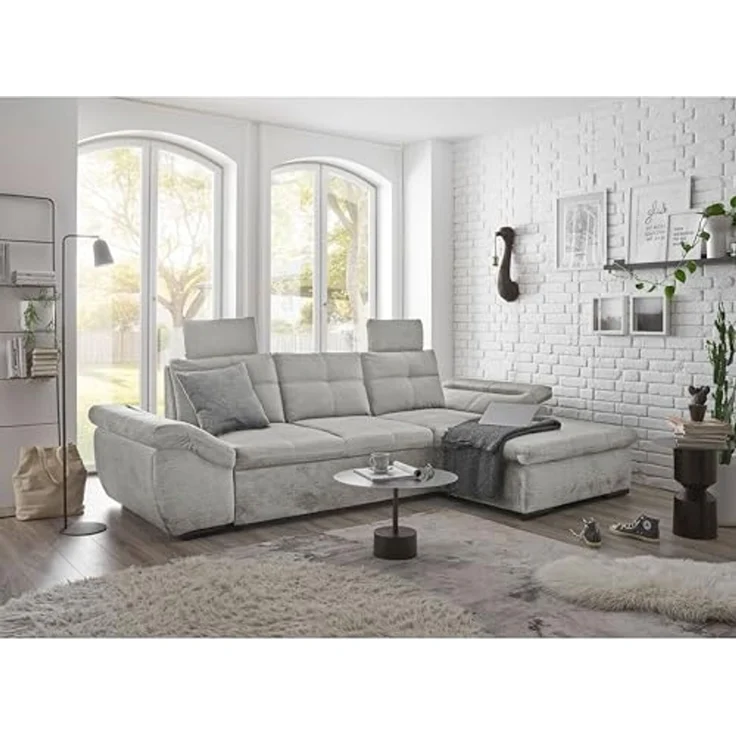 Stella Trading ALIJA Ecksofa mit Schlaffunktion in Silber-Moderne Eckcouch mit Bettkasten und verstellbaren Armlehnen, Holzwerkstoff, Rechts – Bild 2