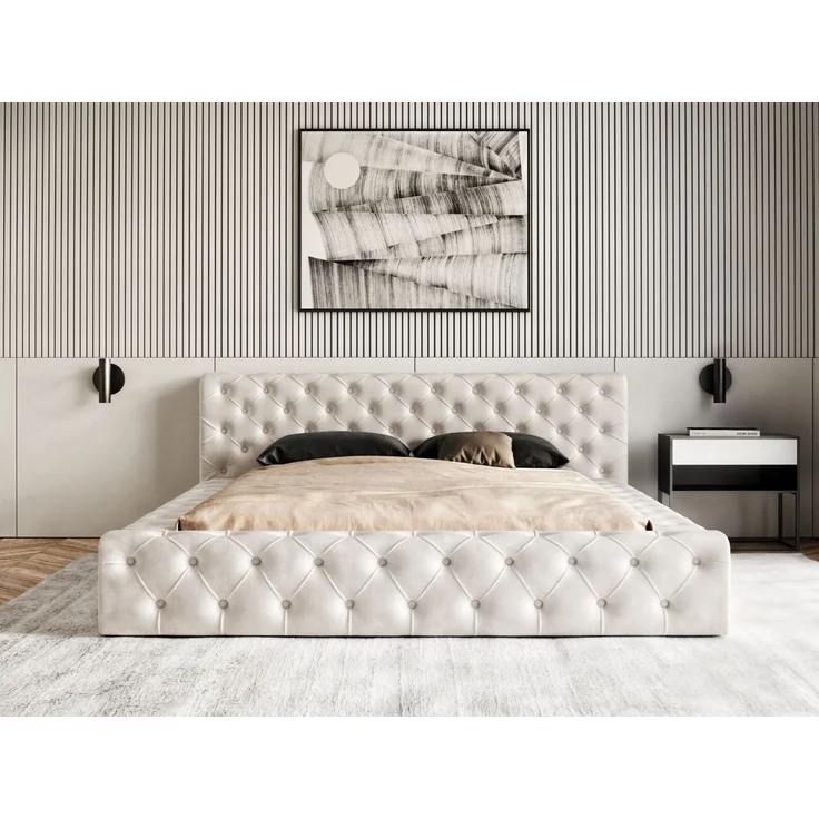 GRAINGOLD Palini Polsterbett 180x200, mit gepolstertes Kopfteil, gestepptes Bett, Bettkasten, Velour-Stoff, Beige – Bild 4