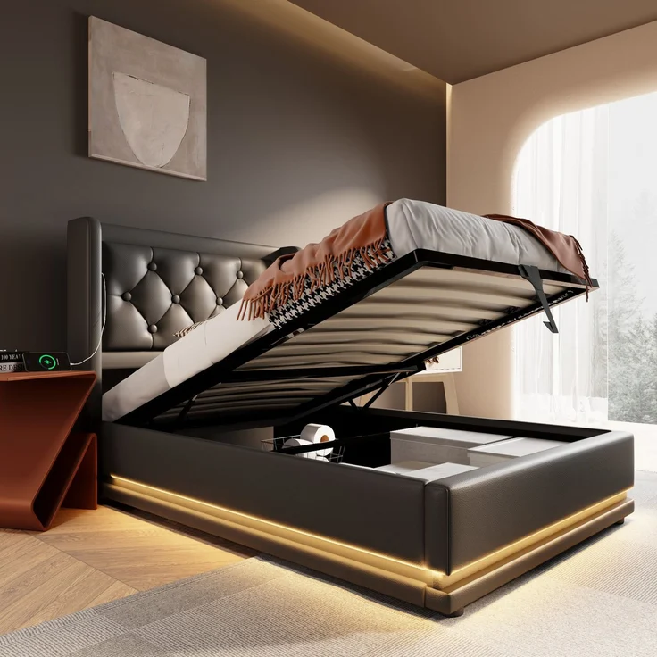 Polsterbett 90x200 cm Schwarz mit 3-seitiger LED-Beleuchtung, Wingback Kopfteil & USB Typ-C Ladefunktion,hydraulischer Stauraum – Bild 6
