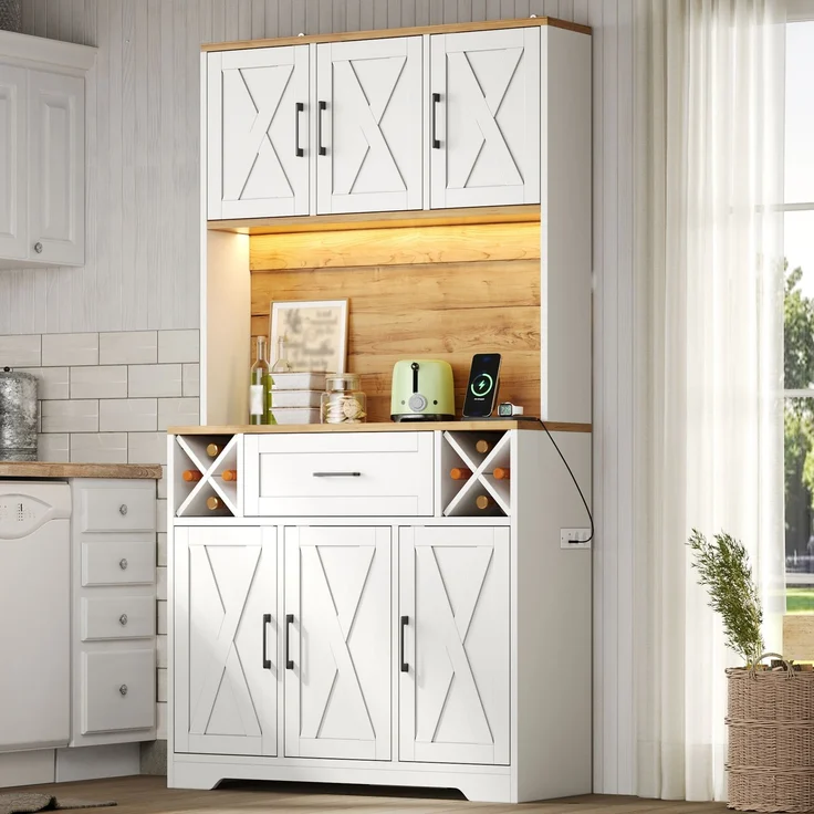 Küchenschrank, hoher Stauraumschrank mit LED-Beleuchtung, Vorratsschrank mit Weinregalen, Weinschrank & Vitrinenschrank für Wohnzimmer und Esszimmer, 180 × 105 × 40 cm--Natur + Weiß1--105x40x180cm--YOUDENOVA – Bild 4