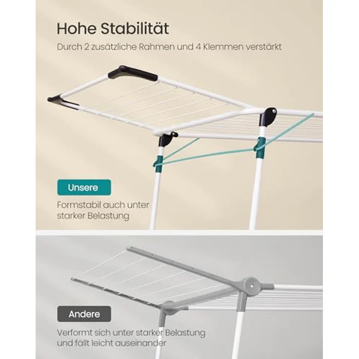 SONGMICS Wäscheständer, Standtrockner 56,5 x 173 x 96,5 cm, Flügelwäscheständer, Flügelwäschetrockner platzsparend, mit Sockenhalter, Metall, für Kleidung, Handtücher, Wäsche, weiß LLR518W01 – Bild 4