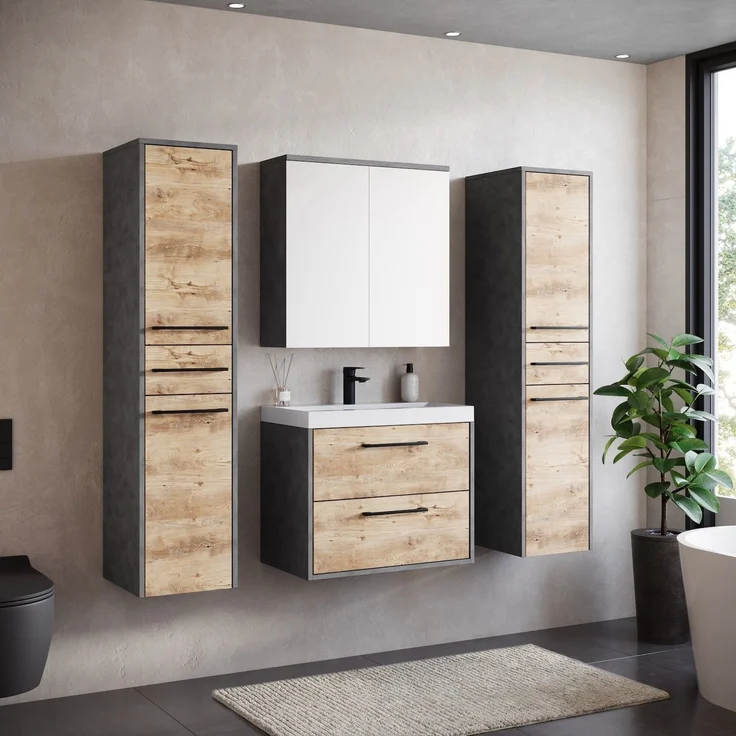 Badplaats Badmöbel Komplettset Florence XL 60 x 35 cm Kastanien Eiche mit Dunkel Grau - Badezimmermöbel mit Waschbecken, Spiegelschrank und 2 Hochschränke – Bild 2