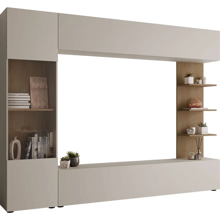 Wohnwand Lazando, Anbauwand, Mediawand, Schrankwand bestehend aus Hängeschrank, Vitrine, TV-Lowboard und Wandregal (Cashmere/Cremona Eiche) – Bild 1
