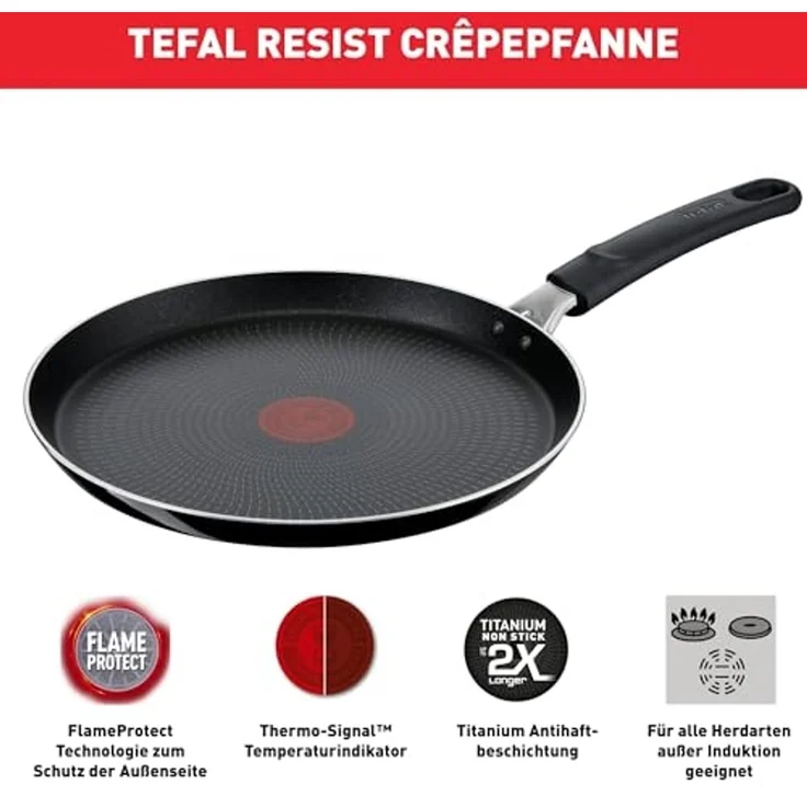 Tefal D52610 Resist Crêpepfanne 25 cm | sichere Titanium Antihaftversiegelung | Thermo-Signal Temperaturindikator | leichte Reinigung | Flame Protect-Technologie | Schwarz | nicht induktionsgeeignet – Bild 4