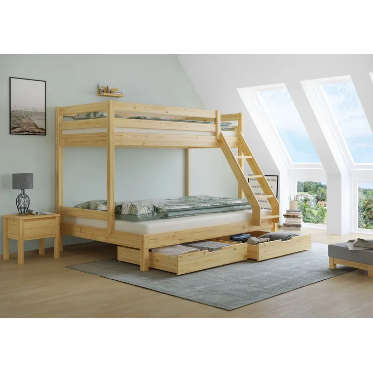 Doppel-Etagenbett 140x200 und 90x200 Erwachsenen-Stockbett Kiefer Massivholz natur V-60.18-09-14Rollrost und Doppelbettkasten inkl.