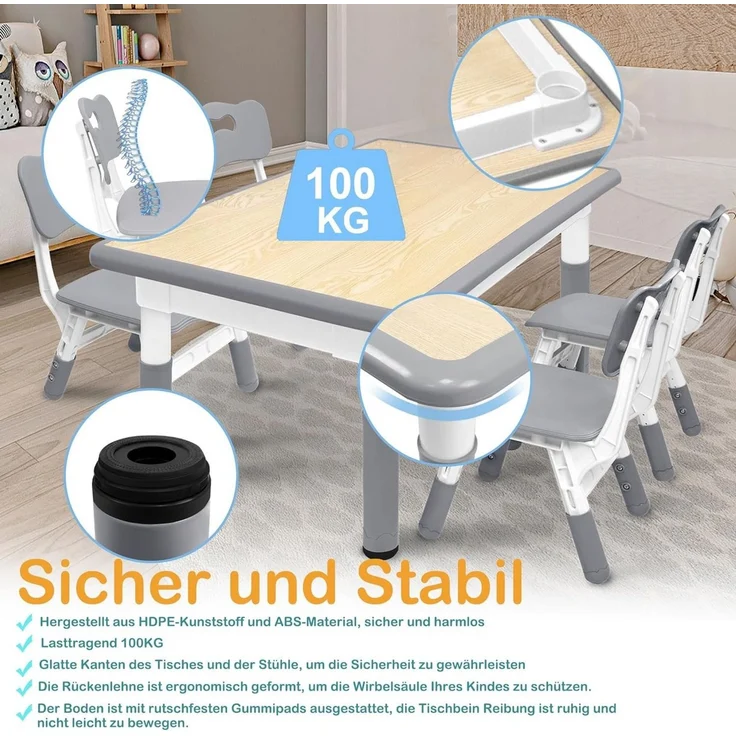 FIVMEN Kindersitzgruppe Kindertisch 4 Stühlen Set Höhenverstellbar Kinderzimmer Möbel – Bild 3