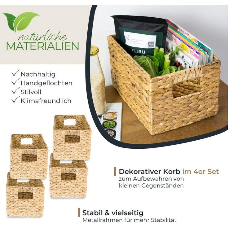 HMF Aufbewahrungskorb faltbarer Korb geflochten aus Wasserhyazinthe Seegras (4 St), handgefertigter Flechtkorb, 32 x 23 x 20 cm – Bild 1