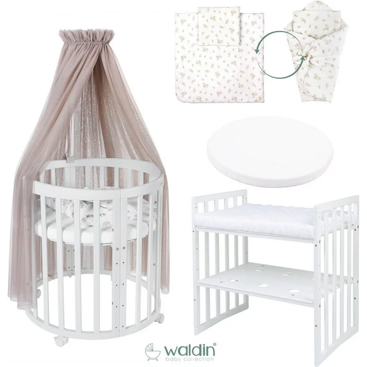 Waldin Babybett Oval 7in1 mitwachsend, Beistellbett, Matratze, Rollen, Buche, Weiß – Bild 3