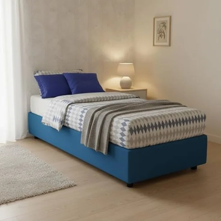 Talamo Italia - Einzelbett Asia, Bettkasten mit Stoffbezug, 100 % Made in Italy, Öffnung vorne, geeignet für Matratze 80x190 cm, Blau