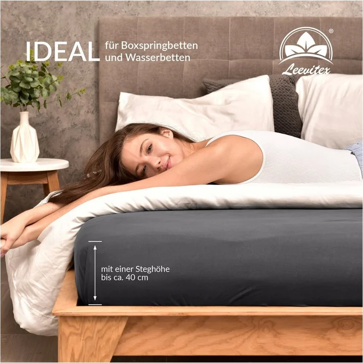 leevitex® Spannbettlaken Spannbettlaken Boxspringbett & Wasserbett Spannbettlaken 150 g/m², Gummizug: rundum, Mako-Baumwolle, ÖkoTex, 180x200 – 200x220 cm + 40 cm Steg – Bild 2