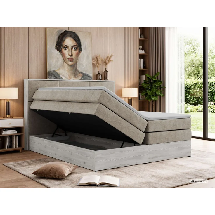 Boxspringbett DELNOR KING 200 x 200 cm Doppelbett mit Bettkasten Kopfteil 7-Zonen Multipocket-Matratze H3 Topper Visco ergonomisch Polsterbett - Beige Stukture – Bild 4