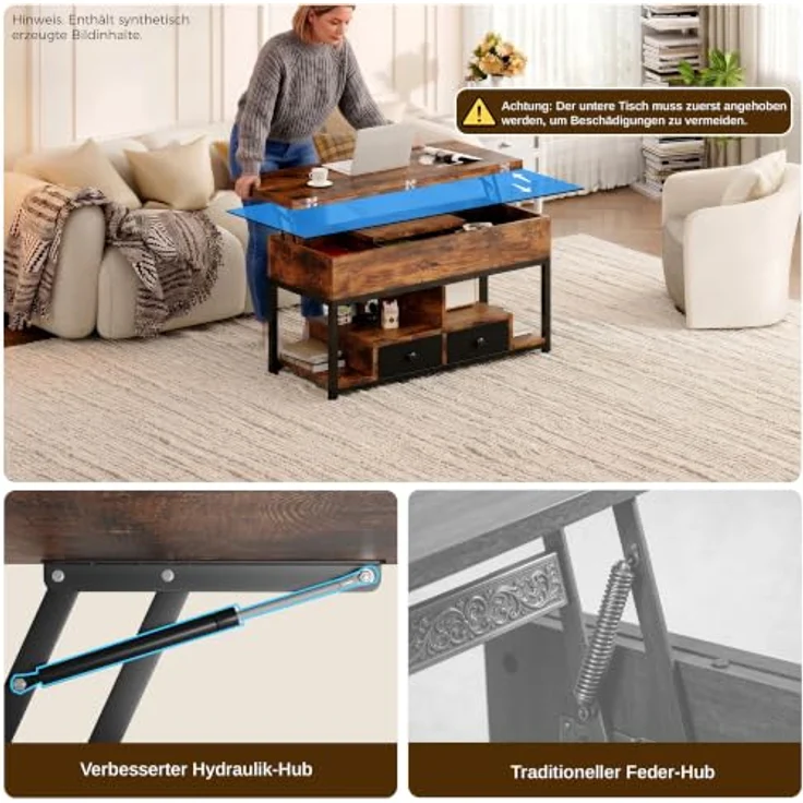 IRONCK Couchtisch Höhenverstellbar, LED Wohnzimmertisch mit Steckdosen | 2AC+USB+USB‑C, Kaffeetisch Holz, 2 Schubladen, Umwandelbar Esstisch 100×80cm, Vintagebraun – Bild 8