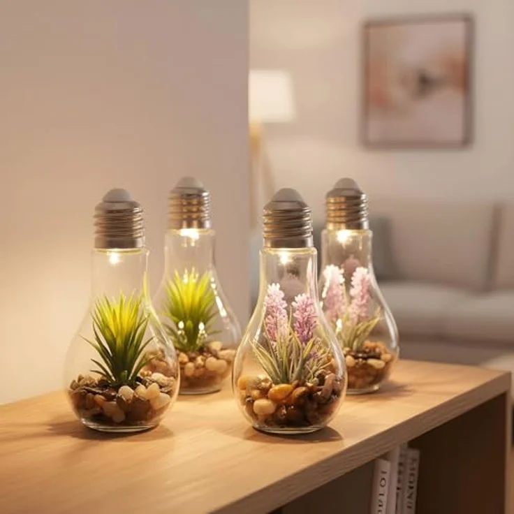 Levandeo® LED Dekoobjekt, 4er Set Sukkulenten Glühbirne Glas je B x H 8 x 19cm Deko LED Lampe – Bild 2