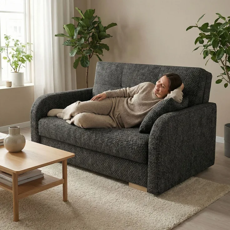 Wohnero24 Schlafsofa POLINA 2 136x95 cm 113x195 cm mit Bettkasten 2 Sitzer Sofa mit Schlaffunktion kleines Schlafsofa ausziehbar für Gästezimmer - Schwarz
