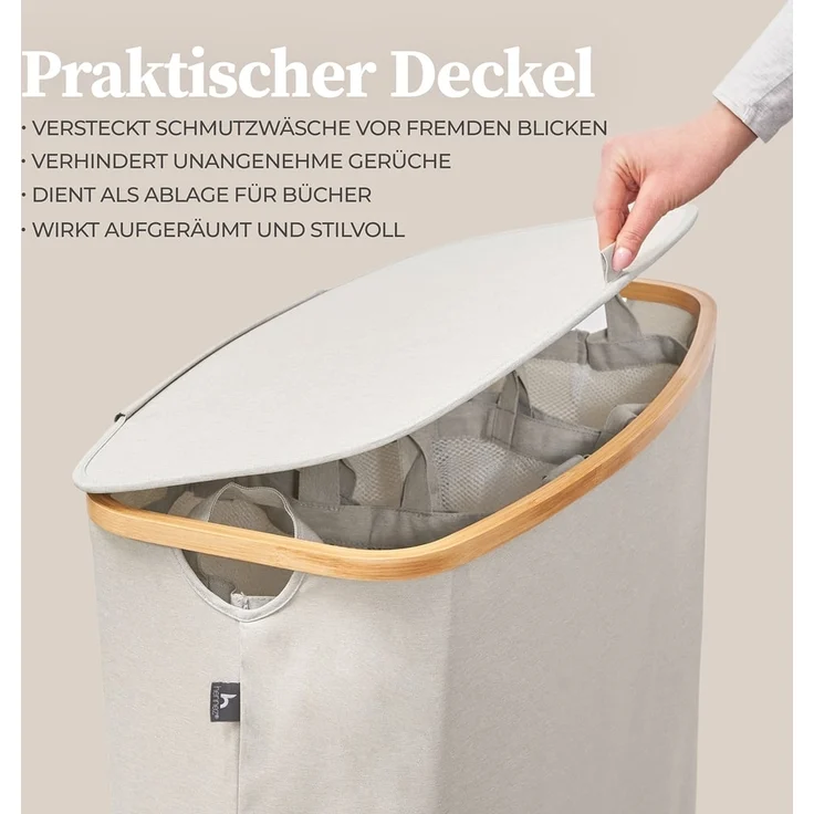 HENNEZ Wäschekorb Wäschebox 150L - Wäschekorb 3 Fächer mit Deckel, Wäschesortierer mit Wäschesack, schwarz Bambus – Bild 6