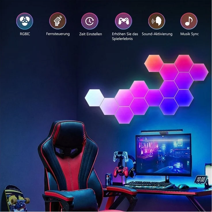 Jibenhome LED Dekolicht Hexagon LED Panel, Sechseck Light, Musik Sync, Smart Wandleuchte, RGB, Mit Bluetooth-App und Fernsteuerung Ambiance Wandleuchter für Gaming – Bild 3
