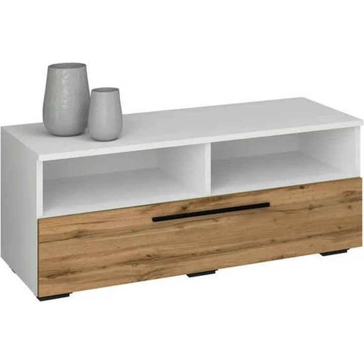 MID.YOU Lowboard 95x39x40 cm, Weiß/Honigeiche, Metall mit Klapptüren, stehend für Wohnzimmer