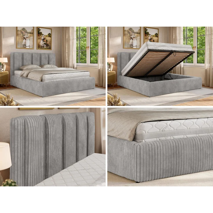 Polsterbett SAVINO CLASSIC mit Bettkasten und Lattenrost Doppelbett 180 x 200 cm mit hohem Kopfteil Stauraumbett Bett mit Gasdruckfeder - Hellgrau Cord - Foam Matratze - MIRO LUX – Bild 2
