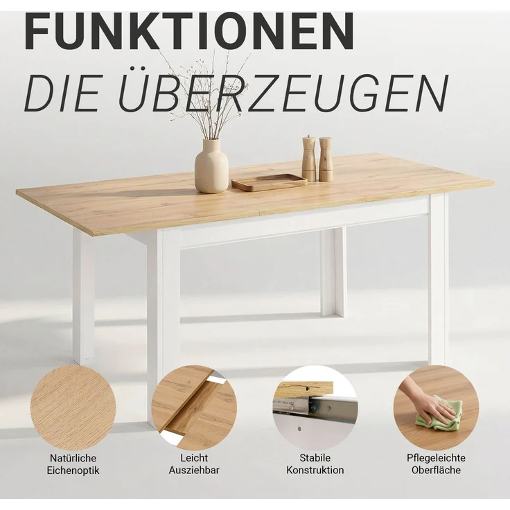 Esstisch ausziehbar 135x86 cm Wohnzimmertisch Weiß Holz Eiche Küchentisch Esszimmertisch Holztisch Tisch – Bild 4