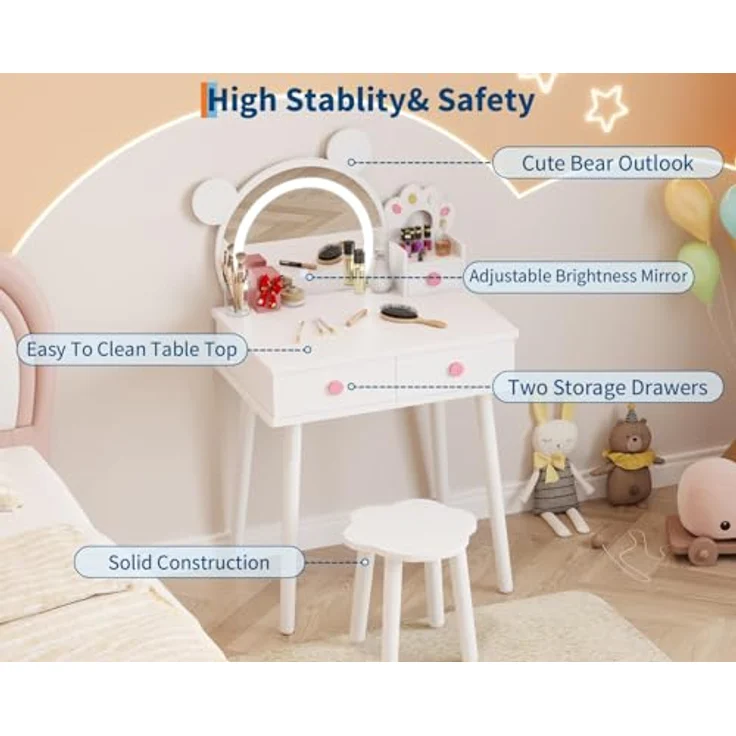 GarveeLife Schminktisch für Kinder, Mädchen, mit Spiegel & LED-Licht in 3 Farben mit 2 Schubladen, für Kinder von 3 – 8 Jahren, 55 x 38 x 101 cm – Bild 2
