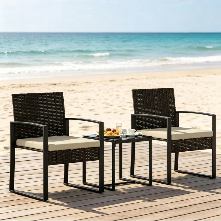 Gartenmöbelset aus PE-Rattan, 2 Sessel mit Kissen & Glastisch, 55x58x76 cm, Braun/Khaki/Schwarz – Bild 2