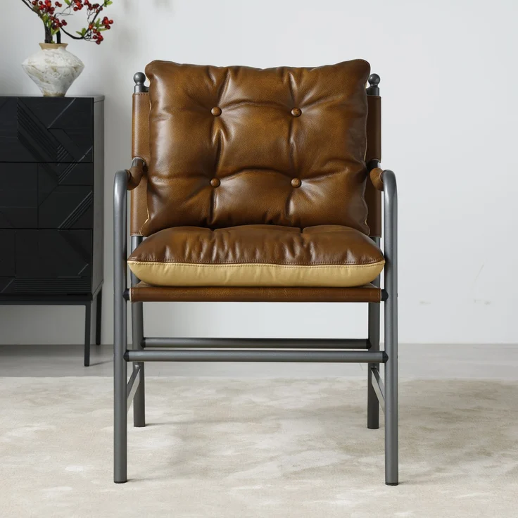 Mid-Century-Ledersessel mit schwarzem Metallgestell und Armlehnen, gepolsterter Akzent- und Lesesessel für Wohn- und Schlafzimmer, Braun – Bild 6