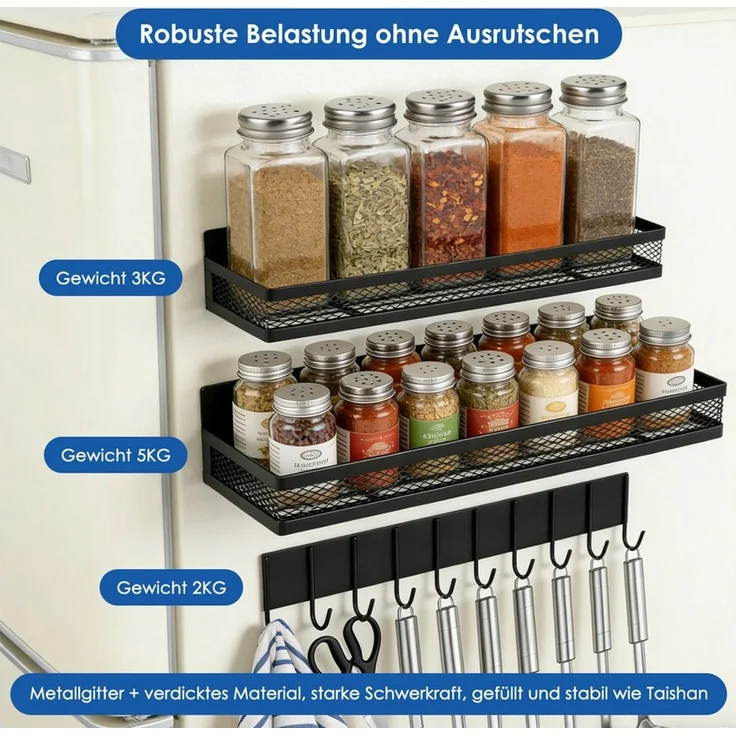 BlingBin Gewürzregal Magnetische Küchenregal mit Haken, Ablageregal für Kühlschrank, 3er Set 3-tlg, Starker Magnet-Organizer für Küche,Gewürze & Aufbewahrung,Ohne Bohren – Bild 2