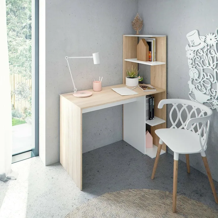 Dmora - Pittston Schreibtisch, linearer Schreibtisch mit Bücherregal, platzsparender Mehrzweck-Bürotisch, 110 x 52 x 136 cm, Weiß und Eiche