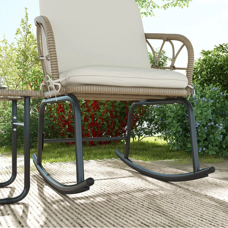 Schaukelstuhl-Set 63 x 82 x 75 cm mit Tisch – 3-teilig aus PE-Rattan, Stahlrahmen und Glasplatte – Bild 5