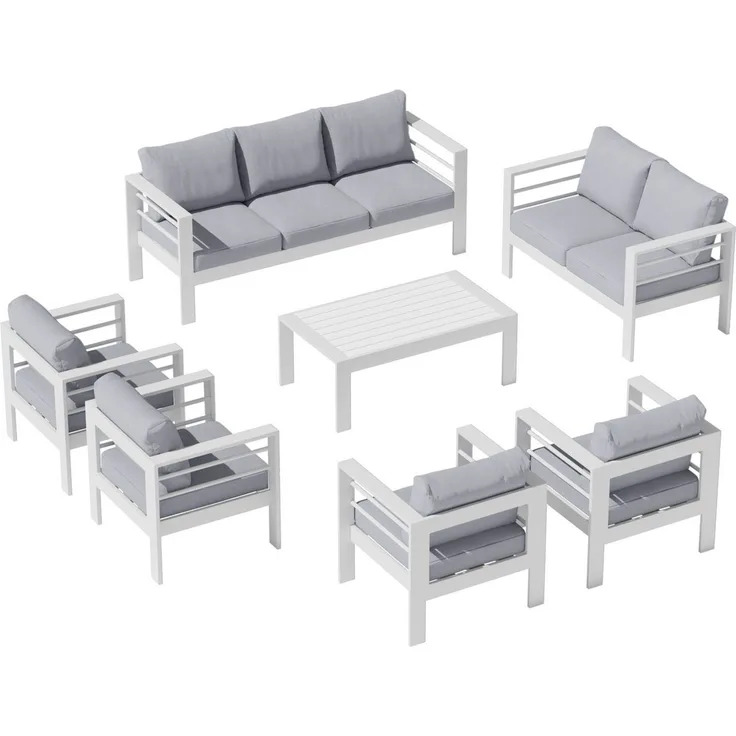 MeXo Gartenlounge-Set Terrassenmöbel Set 8-10 Personen Aluminium outdoor wetterfest, (pflegeleichte Polywood-Tischplatte, 7-tlg, 12cm Deluxe Relax-Sitzkissen), Gartenmöbel Set Alu, Luxus Relax, Belastbarkeit pro Sitzplatz 140kg